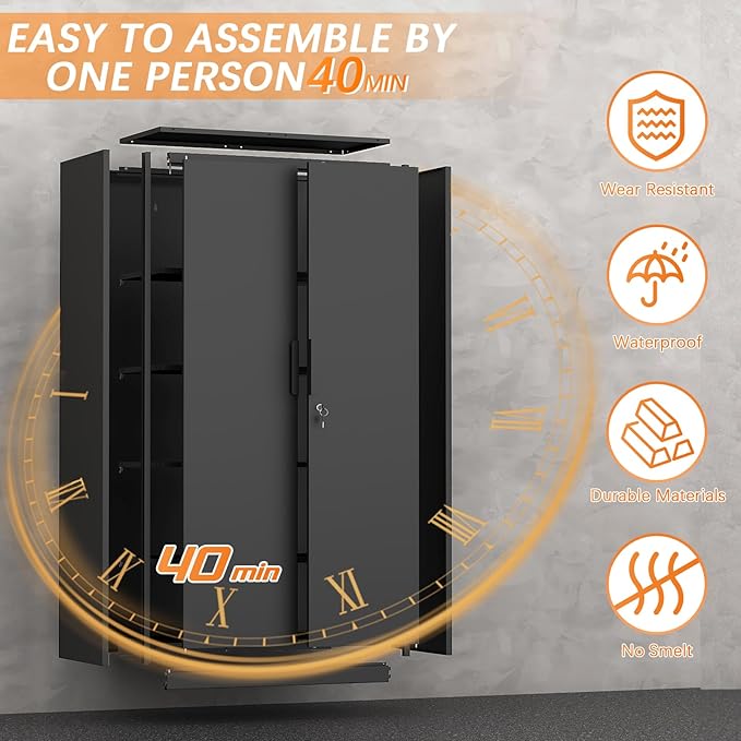 IRONFFICE 72" H Metal Garage Cabinet,Metal Lockable Storage Cabinet with 2 Doors, Locking Tall Garage Storage Cabinets with Adjustable Shelves,Tool Cabinets for Home Office,Gym,School (Black)