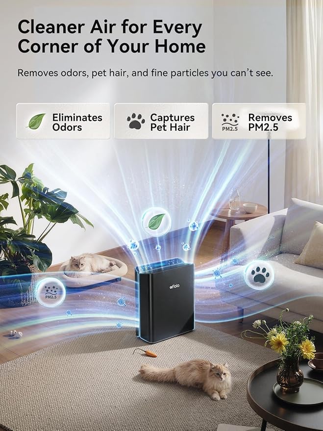 Afloia Air Purifier for Home Large Room Bedroom Up to 2000Ft² with PM2.5 Air Quality Monitor Smart Auto Mode, Washable Pre Filter Cleaner for Pet, Black