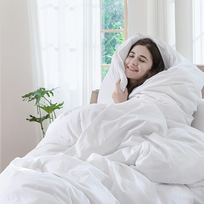 MooMee Bedding Duvet Cover Set 100% Washed Cotton Linen Like Textured Breathable Durable Soft Comfy (Solid Bright White, Oversized King Plus 128"x120")