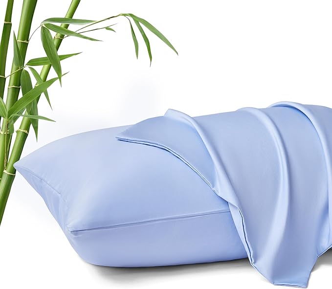 MR&HM Queen Pillow Cases Set of 2, Cooling Pillow Case for Hot Sleepers 20"x30", Breathable & Moisture Wicking, Soft Envelope Pillowcases, Rayon Derived from Bamboo & Polyester Blend (Light Blue)