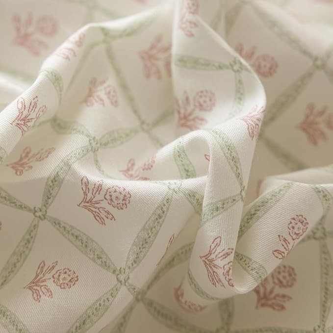 mixinni Red Floral Duvet Cover Set King Size - 100% Cotton Green Grid Bedding with Bow Ties, 3PC Cottagecore Comforter Cover (1 Duvet Cover + 2 Pillowcases) Vintage Garden Style Soft Aesthetic