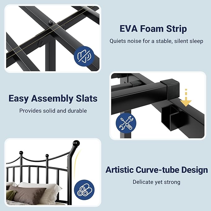 Allewie 14 Inches Queen Size Metal Platform Bed Frame with Elegant Crown Iron-Art Headboard & Footboard, Sturdy Mattress Foundation with Under-Bed Storage, Easy Assembly, No Box Spring Needed, Black