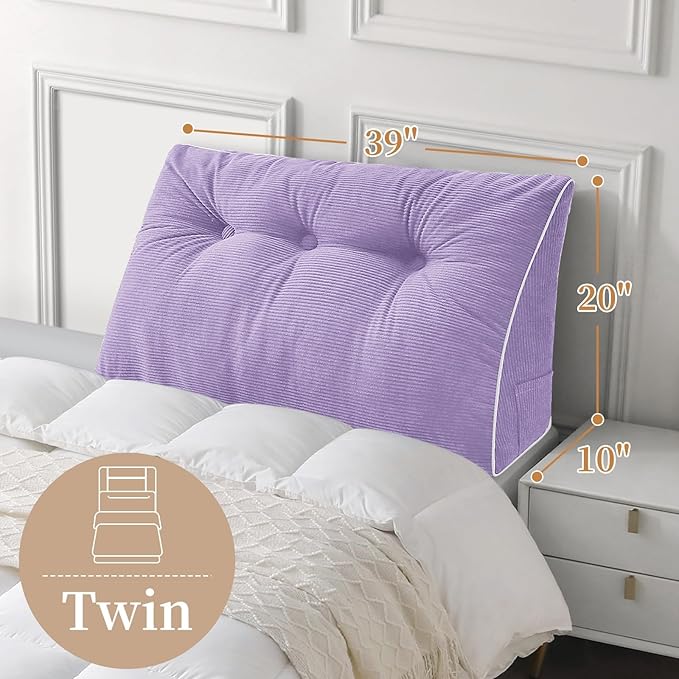 Sasttie Headboard Pillow Twin/Twin XL, Wedge Pillow Headboard for Dorm, Triangular Daybed Backrest Cushion for Sitting or Reading in Bed, with Removable Washable Cover, Purple
