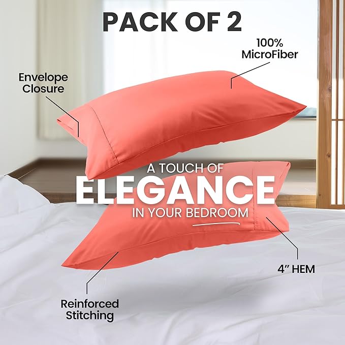 Utopia Bedding King Pillow Cases - 2 Pack - Envelope Closure - Soft Brushed Microfiber Fabric - Shrinkage and Fade Resistant Pillow Covers King Size 20 X 40 Inches (King, Coral)