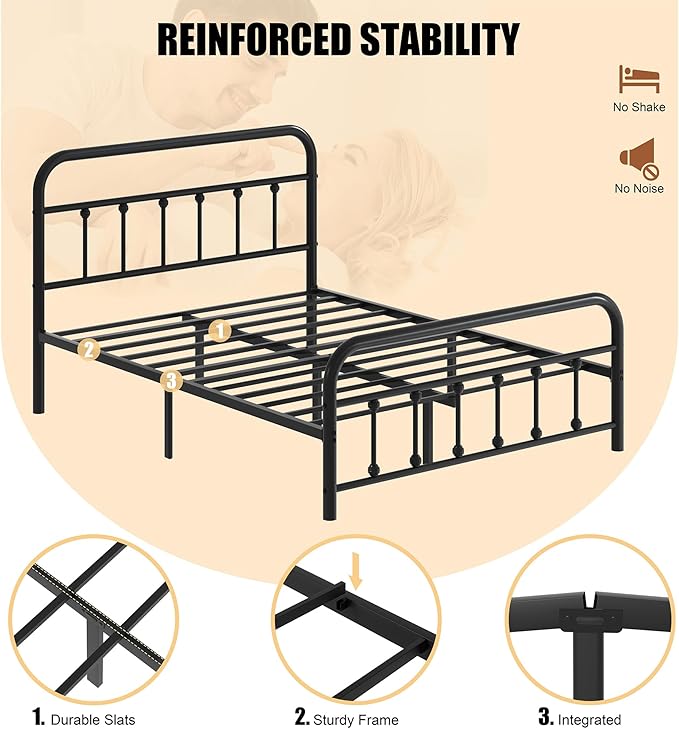 Shintenchi Full Size Metal Platform Bed Frame with Headboard & Footboard, Steel Slat Mattress Foundation, Under Bed Storage, Noise-Free, No Box Spring Needed, Black Round