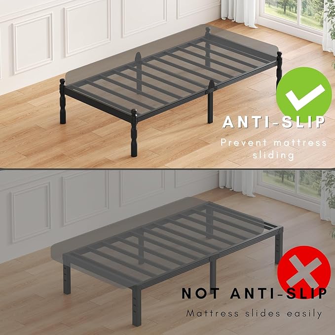 ZIYOO Twin Size Bed Frame with Mattress Slide Stopper, 18 Inches Heavy Duty Sturdy Platform with Vintage Style, Anti-Slip Design, Easy Assembly, No Box Spring Needed