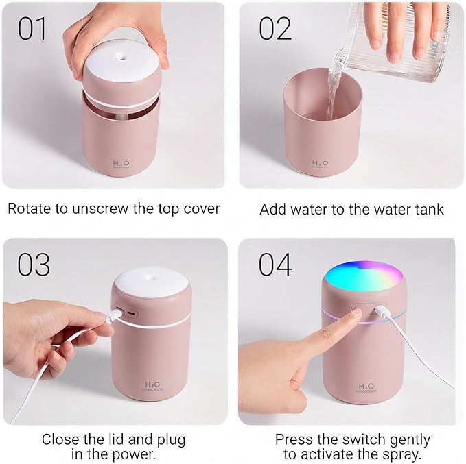 Portable Colorful Cool Mini Humidifier,Aroma Essential USB Personal Desktop Humidifier, for Bedroom, Office & Car(300ml, White) (pink)