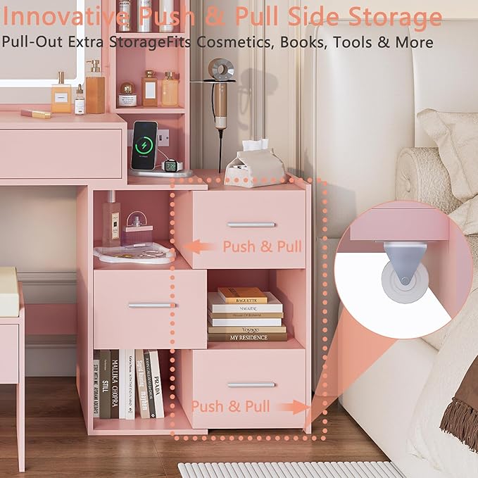 Vanity Desk with LED Lighted Mirror, Sliding Side Cabinet with Expandable Storage, Makeup Table with Drawers & Shelves, Built-in Power Outlet, Vanity Set with Storage Stool for Bedroom (Pink)
