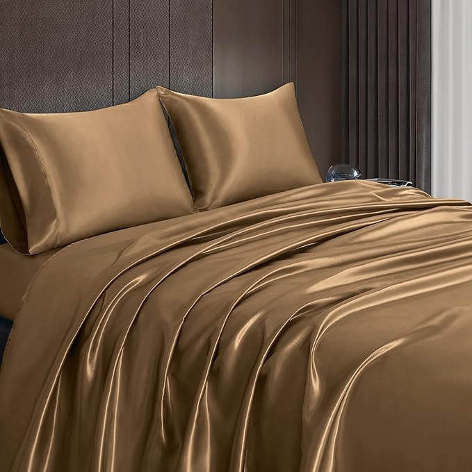 Homiest 4pcs Satin Sheets Set Luxury Silky Satin Bedding Set with Deep Pocket, 1 Fitted Sheet + 1 Flat Sheet + 2 Pillowcases (King Size, Camel Brown)