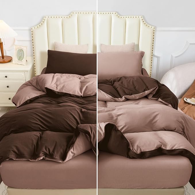 PURE ERA Jersey Knit Duvet Cover Set 100% T-Shirt Cotton Super Soft Comfy 3pc Bedding Set with Zipper Closure (Petal Pink/Dark Brown, Queen, 90"X90")