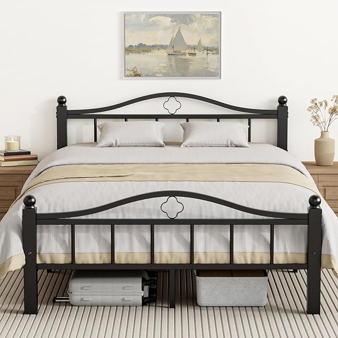 Metal Full Size Bed Frames with Headboard, 1500lb No Squeak Metal Platform with Headboard, 12" Underbed Storage, Tool-Free 30-Min Assembly No Box Spring Needed for Dorms/Apartments