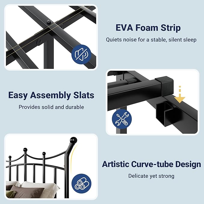 Allewie 14 Inches Twin Size Metal Platform Bed Frame with Elegant Crown Iron-Art Headboard & Footboard, Sturdy Mattress Foundation with Under-Bed Storage, Easy Assembly, No Box Spring Needed, Black
