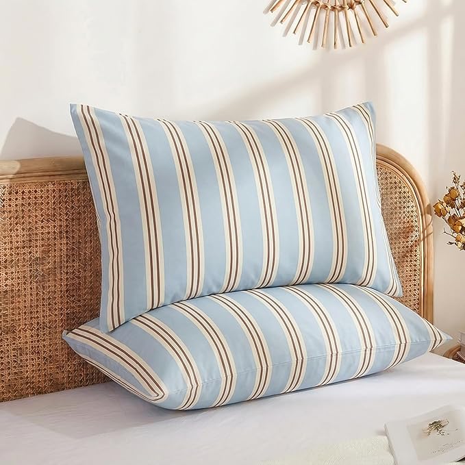 Merryword King Size Pillowcases, 100% Cotton Pillow Cases, Light Blue Striped Pillowcases, Soft Breathable Ribbon Stripe Pillow Covers, Set of 2