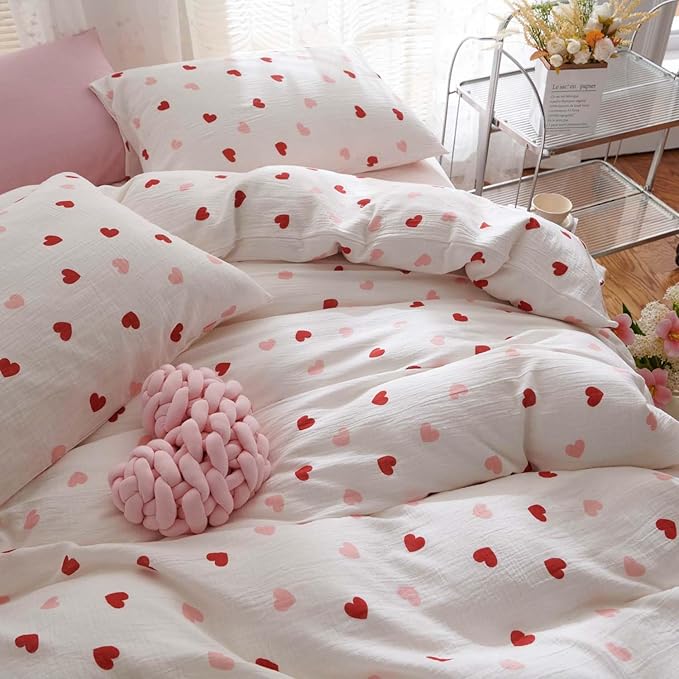 Nayoroom Heart Duvet Cover Set Queen Size Red Pink Hearts Printed on White Bedding Set for Kids Girls 3 Pcs Soft Lightweight Breathable Microfiber Comforter Cover with Zipper Closure