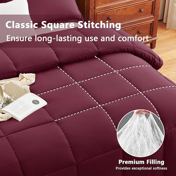 CozyLux King Size Comforter Set - 270GSM Burgundy Bedding Sets for All Seasons Size, 3 Pieces Box Stitched Bed Set with 1 Down Alternative Comforter and 2 Pillow Shams, Soft, Lightweight, Durable