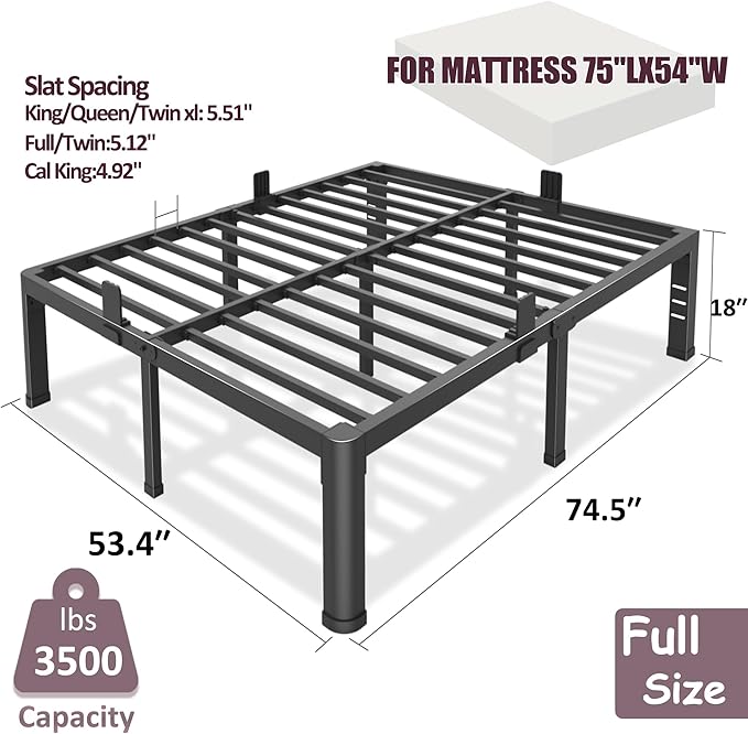 Bilily 18 Inch Full Size Bed Frame Metal Platform with Round Corner Legs,3500 LBS Heavy Duty Steel Slats Support,Headboard Holes,No Box Spring Needed,Easy Assembly,Mattress Retainer,Underbed Storage