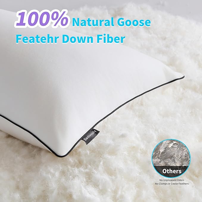 Feather Down Pillow King Size Set of 2, 100% Cotton Luxury Hotel Collection Bed Pillows for Sleeping, Down Surrounded Fluffy Soft Medium Firm Pillows for Side Back Stomach Sleepers 20" x 36"