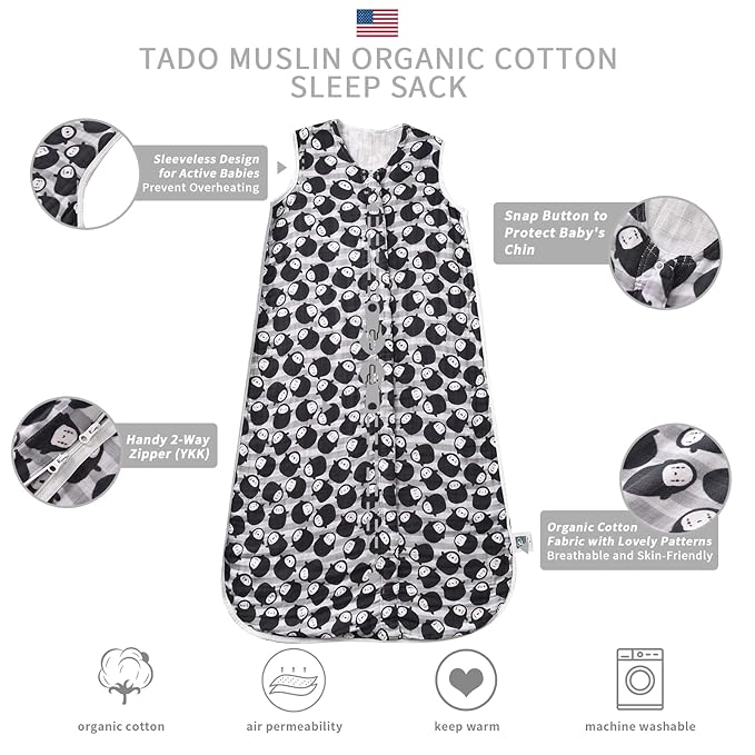 TADO MUSLIN Toddler Sleep Sack 2-4T, 0.5 TOG Lightweight Wearable Blanket for Baby, 100% Organic Cotton Muslin 4 Layers, Sleeveless Sleeping Bag, 2-Way YKK Zipper, OEKO-TEX Certified