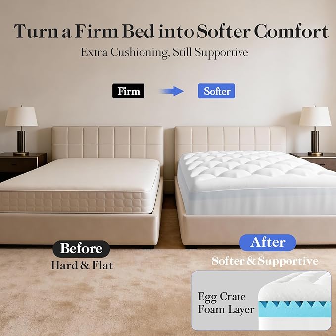 OhGeni Cooling 5 Inch Twin XL Dual Layer Mattress Topper, 3 Inch Egg Crate Gel Memory Foam, 2 Inch Pillow Top Pad, College Dorm Essentials Bedroom Mattresses Cover, Sleep Comfort and Back Pain Relief