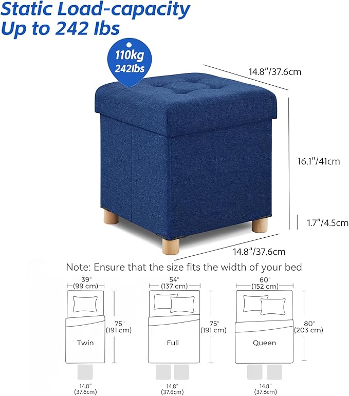 BRIAN & DANY Ottoman with Storage, Square Small Storage Ottoman Foot Rest with Legs, Ottomans Foot Stool for Dorm, Living Room, Entryway 14.8"x14.8"x17.8" (Blue)