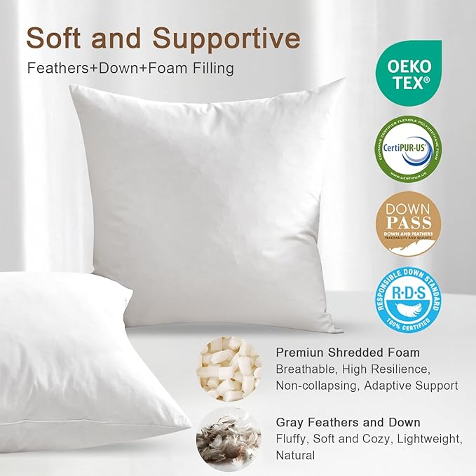Organic Feather Down Throw Pillow Inserts (28x28 Inch, Set of 2) - 100% Cotton Shell, Filling of Feathers, Euro Square Decorative Pillow Form Core for Couch, Sofa, and Bed