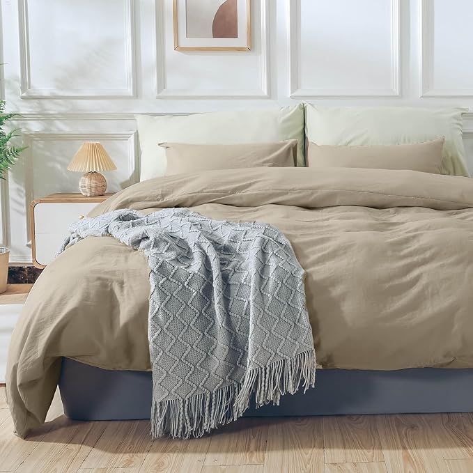 NEXHOME PRO Duvet Cover Set 100% Washed Cotton Oversized King 120"x98" Linen Feel Textured Organic Natural 3 Pieces Bedding Set with Zipper Closure and Corner Ties, Breathable Soft (No Comforter)
