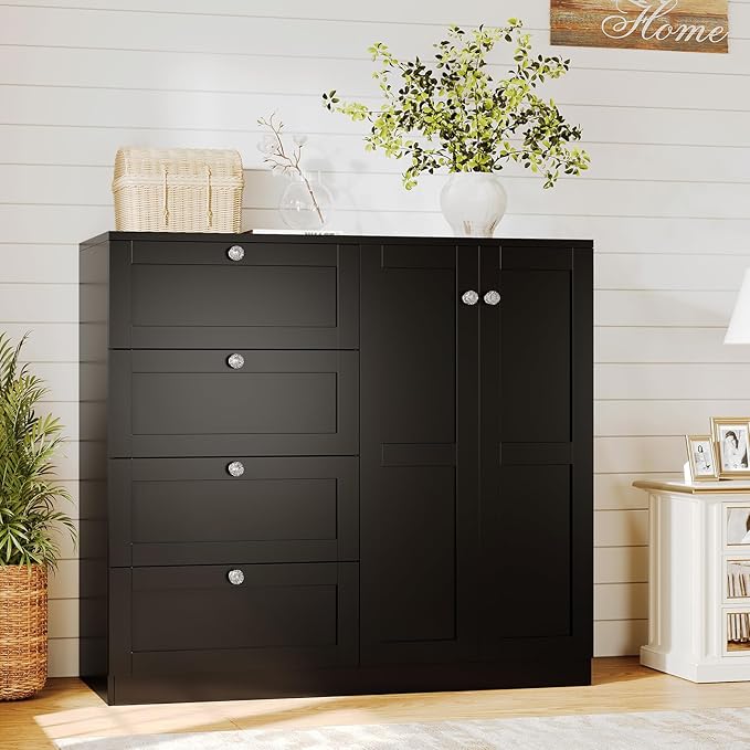 VOWNER Armoire Wardrobe Closet with 4 Drawers and 2 Doors, 43''H Clothing Storage Cabinet Dresser with Hanging Rod, Cothes Wardrobe for Bedroom, Baby Closet, Black