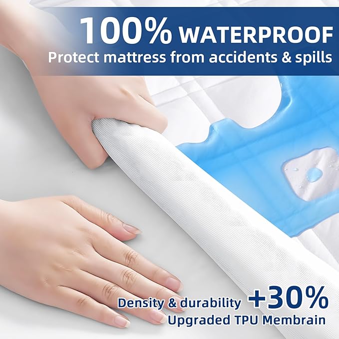 MEELUS Twin XL Mattress Protector, Breathable Waterproof Mattress Pad Cover Fitted Deep Pocket 8"-21", Soft Noiseless Mattress Cover Washable Cooling Padded ffor Home, College Dorm, White