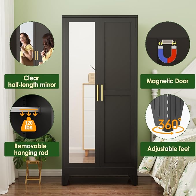 winiowa Metal Armoire Wardrobe Closet with 2 Mirror Doors, 71" Wardrobe Cabinet with Adjustable Shelves and Hanging Rod, Clothing Storage Cabinet Closet with Mirror for Bedroom-Black