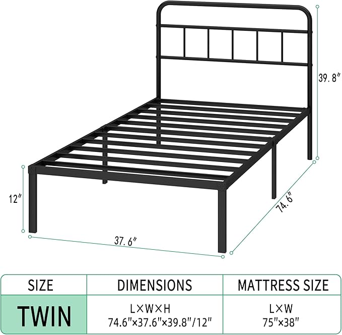 Twin Bed Frame with Classic Headboard,Strong Metal Slats Support,Under Bed Storage Space,No Box Spring Needed,Easy to Assemble,Black