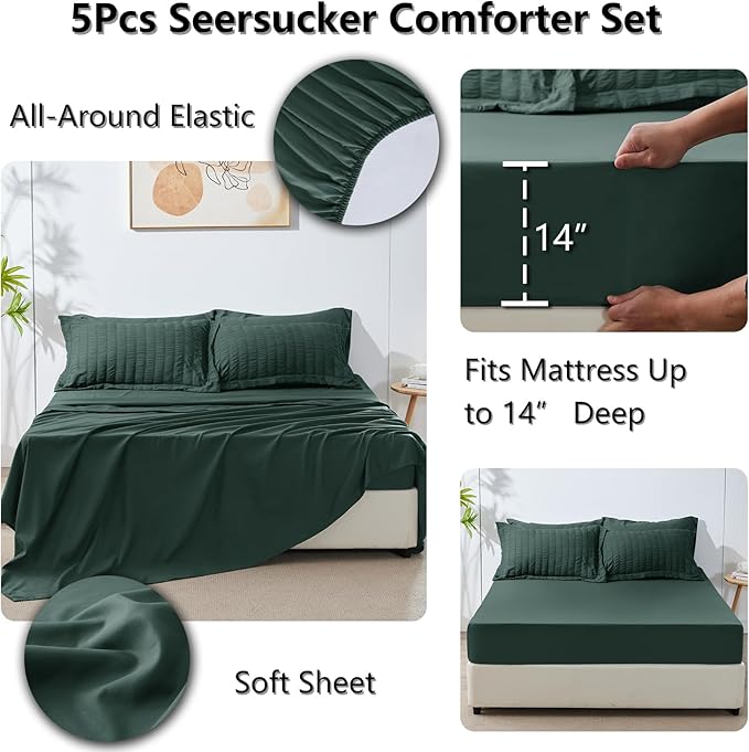 CozyLux Twin Comforter Set with Sheets 5 Pieces, Forest Green Seersucker Textured Bed in a Bag, Luxury Soft Bedding Sets with Down Alternative Comforter, Sheets, Pillowcase & Sham for All Seasons