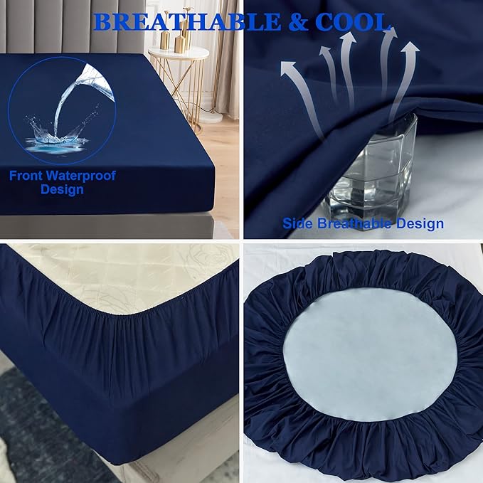 Sufdari Cal King Mattress Protector,Waterproof Mattress Protector,Fitted Sheet Style Mattress Cover with 18" Deep Pocket,Washable and Comfortable-Navy Blue,California King