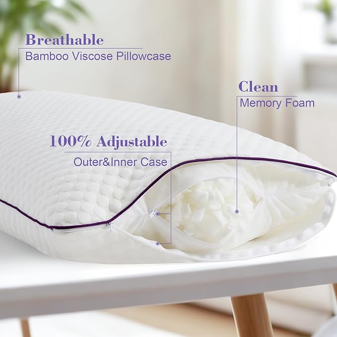 HOMELAB Cooling Adjustable Body Pillow (20x54) with White Bamboo Viscose Pillowcase Bundle, Full Body Support for Side Sleepers, Back, Hip & Knee Comfort, Shredded Memory Foam & Washable Cover
