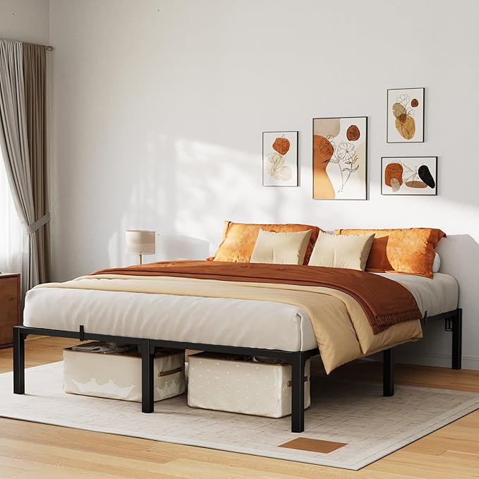 16 Inch King Metal Bed Frame, Heavy Duty Metal Platform Bed Frame with Reinforced Slats Support, 800 Lbs Load Capacity, Noise Free, No Box Spring Needed and Screws , Tool-Free Assembly Bed Frame