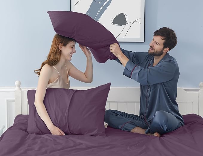 Pillow Cases, King Size Cotton Percale Weave Pillowcases, Pre-Shrunk Breathable and Hypoallergenic Pillowcases, Set of 2 (2 Piece King 20 Inch x 40 Inch, Dark Purple)