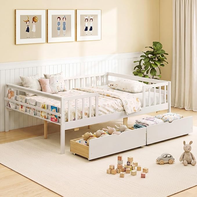 Giantex Full Kids Bed with Storage Drawers, Wood Montessori Bed with Rails & Side Shelf, Low Daybed Bed Frame for Boys Girls, No Box Spring Needed (White)