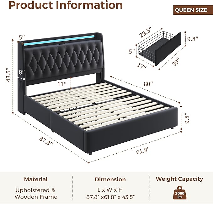 Queen LED Velvet Bed Frame with 2 Storage Drawers&Hidden Headboard, Upholstered Platform Bed with Charging Station&Button Tufted Design, Wooden Slats Support, Box Spring Optional, Easy Assembly, Black