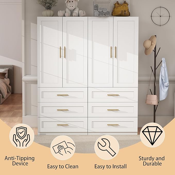White Wardrobe with 4 Doors: 75" Tall Armoire Wardrobe Closet with 6 Drawers, Bedroom Closet Cabinet for Hanging Clothes, Wooden Storage Armoire with Shelves (Modern, 2)