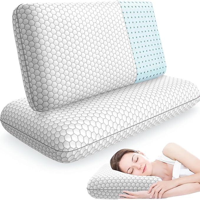CushyOasis Memory Foam Pillows for Side, Back and Stomach Sleepers, Set of 2, Bed Pillow with Washable Cover and Breathable Mesh, Bed Pillow for Sleeping (Light Grey，Queen Size)