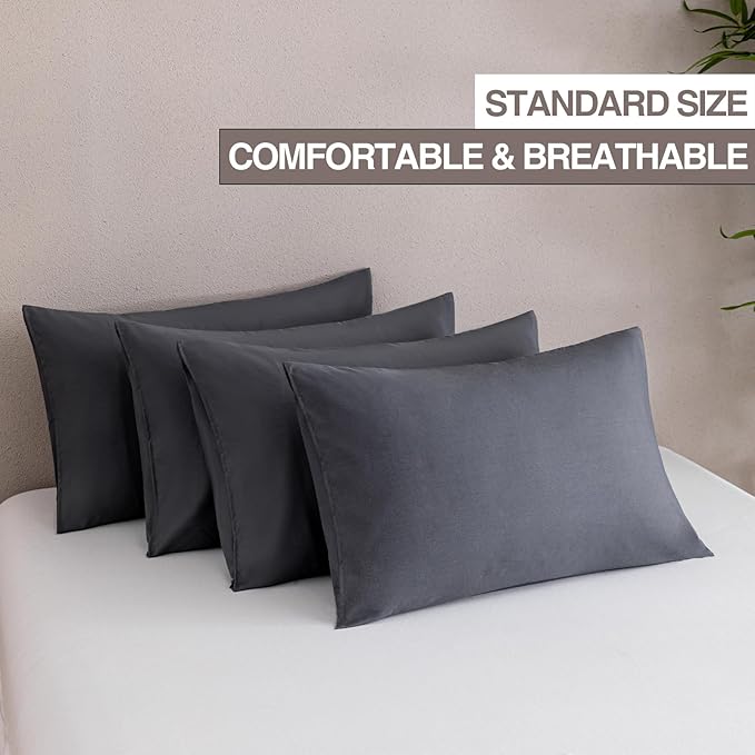 MINIPANDA Dark Gray Pillow Cases Standard Size Set of 4 - Super Soft, Smooth and Breathable Standard Pillow Cases- Envelope Design - Machine Washable Lightweight (20X26 Inches (4 Piece))