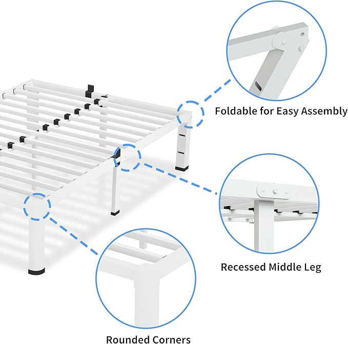VIPSHOW 18 Inch Full Size White Bed Frame, 3500Lbs Heavy Duty Metal Platform with Round Corner Legs Mattress Slide Stopper, Steel Slat Support No Box Spring Needed, Noise Free, Non-Slip, Easy Assembly