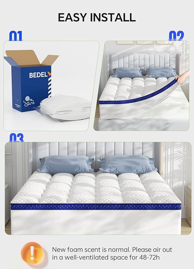 BEDELITE Queen Mattress Topper 3 Inch Thick Mattress Pad, Plush Pillow Top Bed Cover with Elastic Deep Pockets Up to 6-24 Inch for Pressure Relief, Shredded Memory Foam Filling