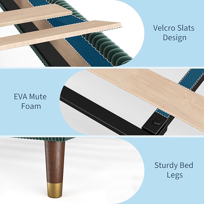 GarveeHome Full Size Bed Frame with Upholstered Headboard and Strong Wooden Slats Support, Soft Corduroy Fabric Platform Bed, No Boxing Spring Needed, Easy Assembly, Dark Green