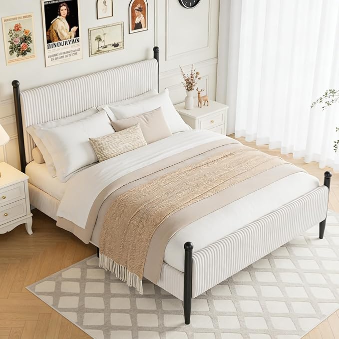 Garvee Queen Size Upholstered Bed Frame - with Velvet Headboard, Soft Corduroy Fabric Platform with Wooden Slats Support & Heavy Duty Feet, No Box Spring Needed, Noise Free, Easy Assembly, White