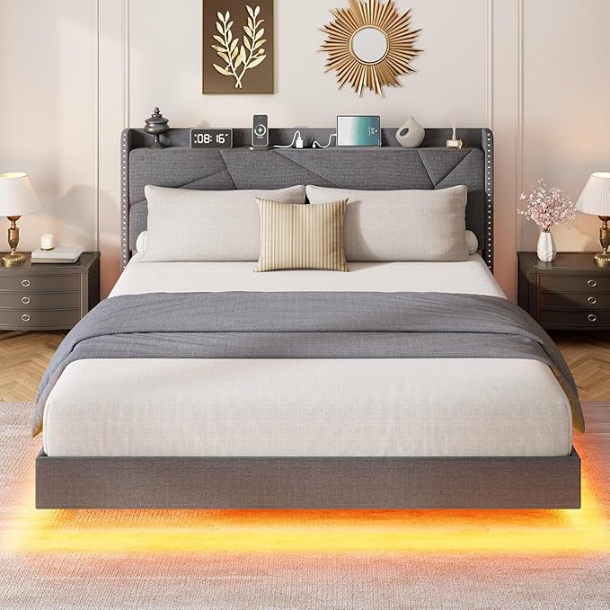 Garvee Full Size Floating Bed Frame with RGB LED Lights and Charging Station, Upholstered Platform Bed with Storage Headboard and Button Tufted Design, No Box Spring Needed, Grey