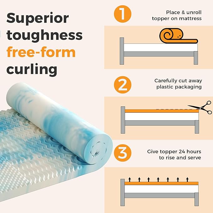 DUMOS Twin 4 Inch Gel Memory Foam Mattress Topper with 5-Zone Support, Cooling Infused Pressure Relief Pad for Back & Hip Pain, Portable Soft Bed Topper for Dorm, RV, Camping, Blue