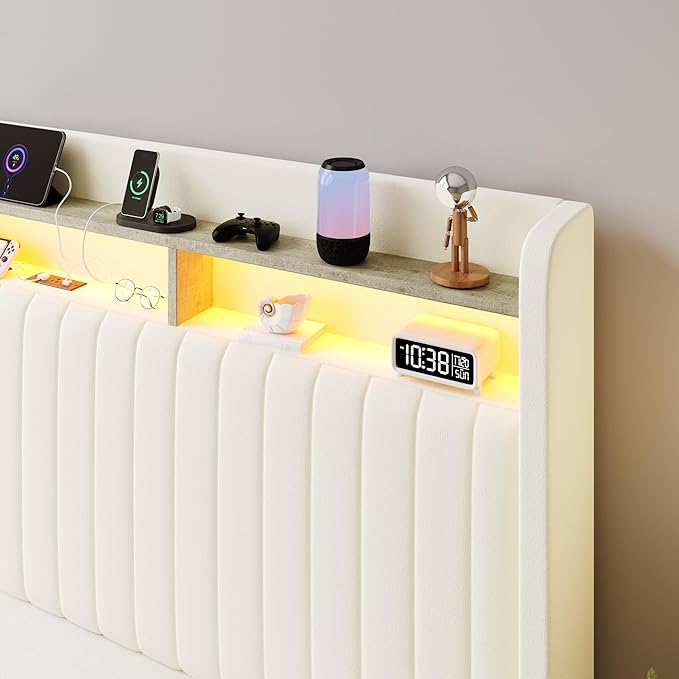 SHA CERLIN King Size Lift Up Storage Bed Frame/LED Lights/Charging Station/2-Tier Shelves Headboard/USB,Type-C Ports/Velvet Upholstered/Hydraulic Support/No Box Spring Needed/Noise Free/Cream