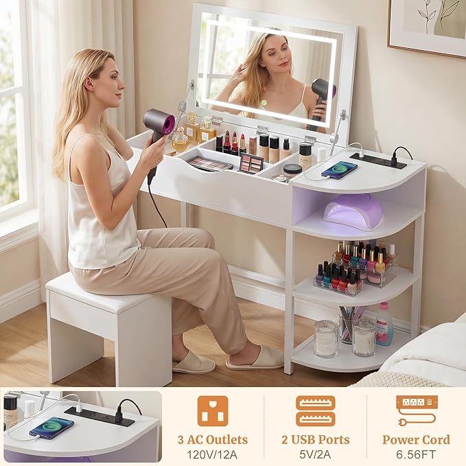 Cyclysio Vanity Desk with Flip Top Mirror and Lights, Makeup Vanity Desk with Drawers, Dressing Table with Storage Shelves & Charging Station, Small Vanity for Small Spaces, White