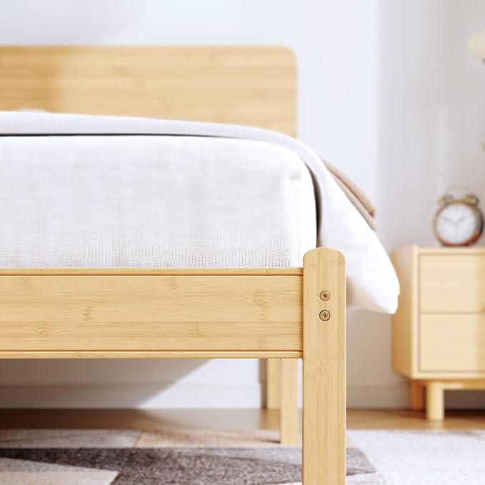 BOSRII 12in High Solid Bamboo Wood Platform Twin XL Bed Frame with Headboard, Reinforced Heavy Duty Metal Slats, Noise Free, No Box Spring Needed, Easy Assembly