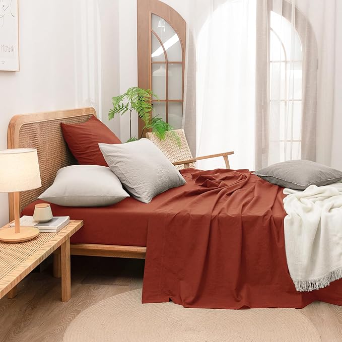 BESTOUCH 100% Washed Cotton Pillowcase for Hair and Skin Linen Feel Soft Comfortable Breathable 2 Set Pillow Case with Envelope Closure Solid Burnt Brick Red Euro 26x26 Inches